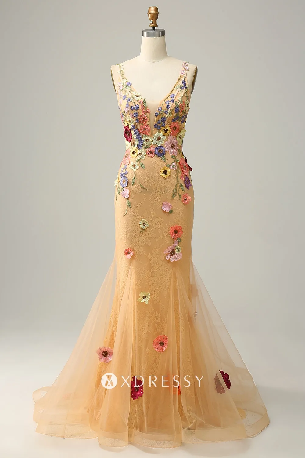 roamntic 3d floral lace deep v neck champagne anniversary dress