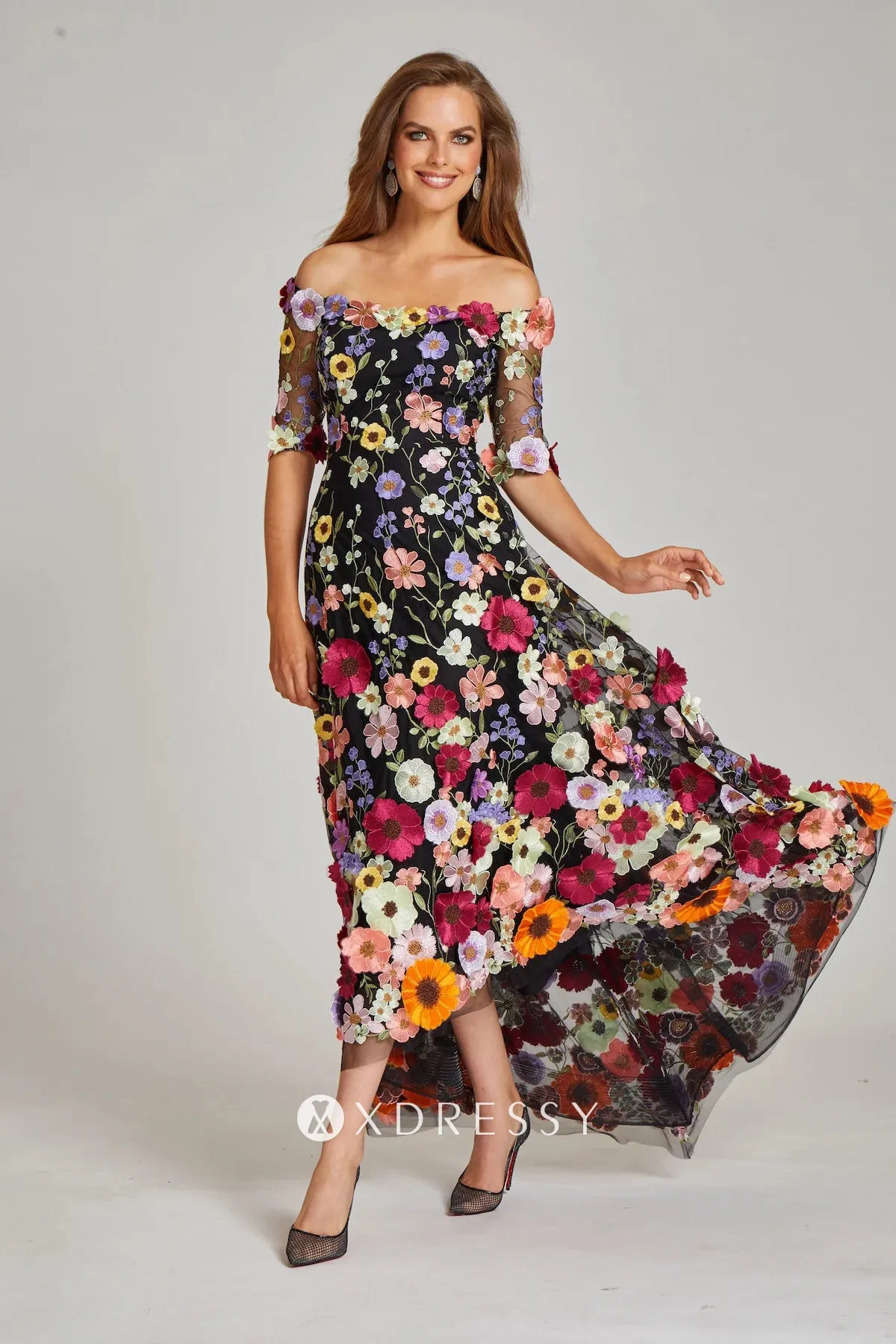 off shoulder 3d flower lace high low fairy evening gown