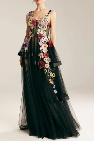 colorful 3d flower lace black layered modern party gown