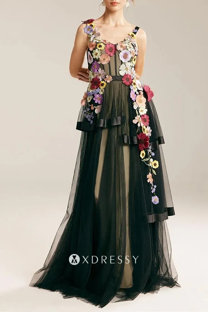 colorful 3d flower lace black layered modern party gown