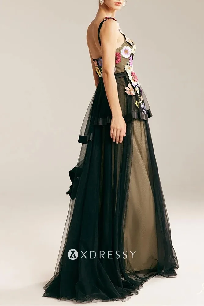 colorful 3d flower lace black layered modern party gown