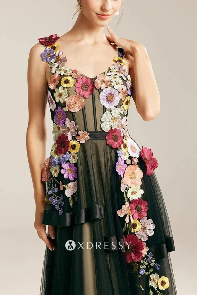 colorful 3d flower lace black layered modern party gown