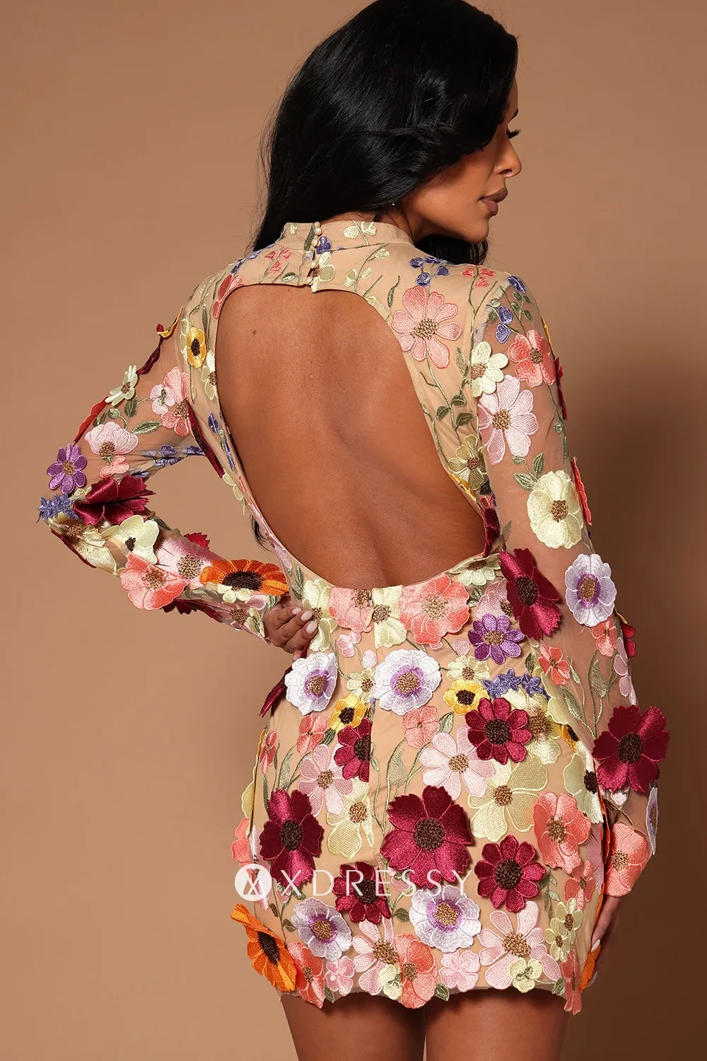 3d flower lace bodycon open back mini birthday dress