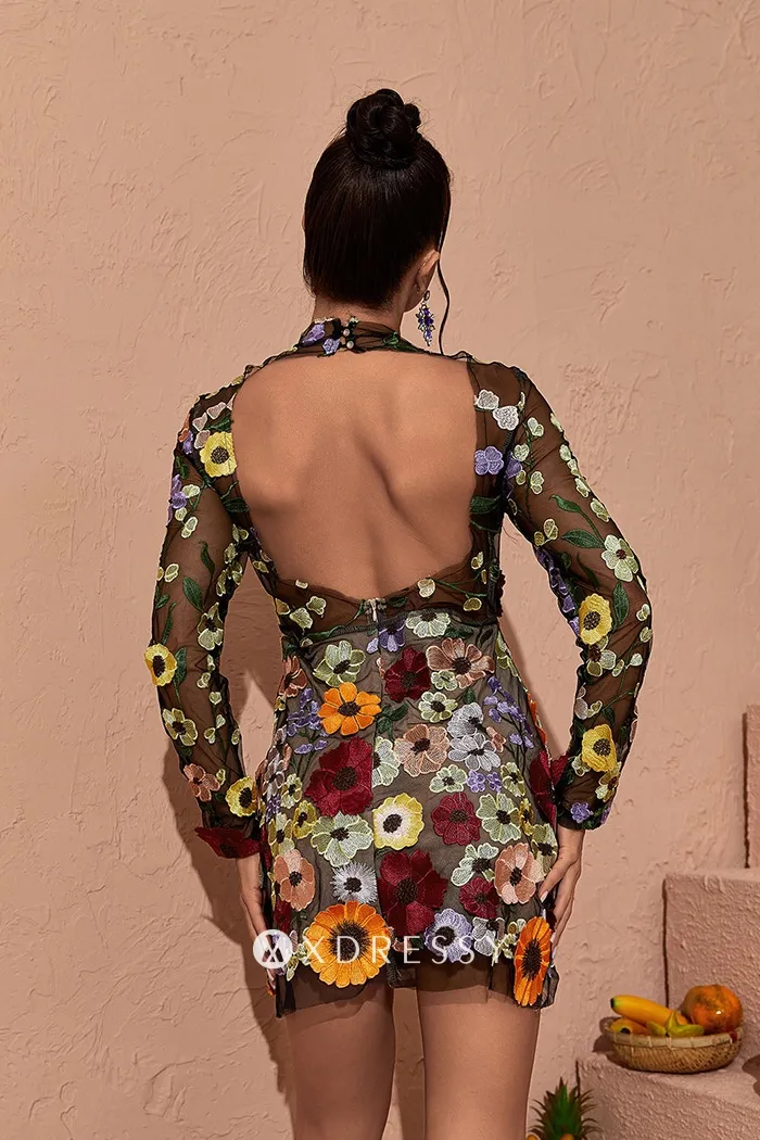 floral lace bodycon open back mini party dress