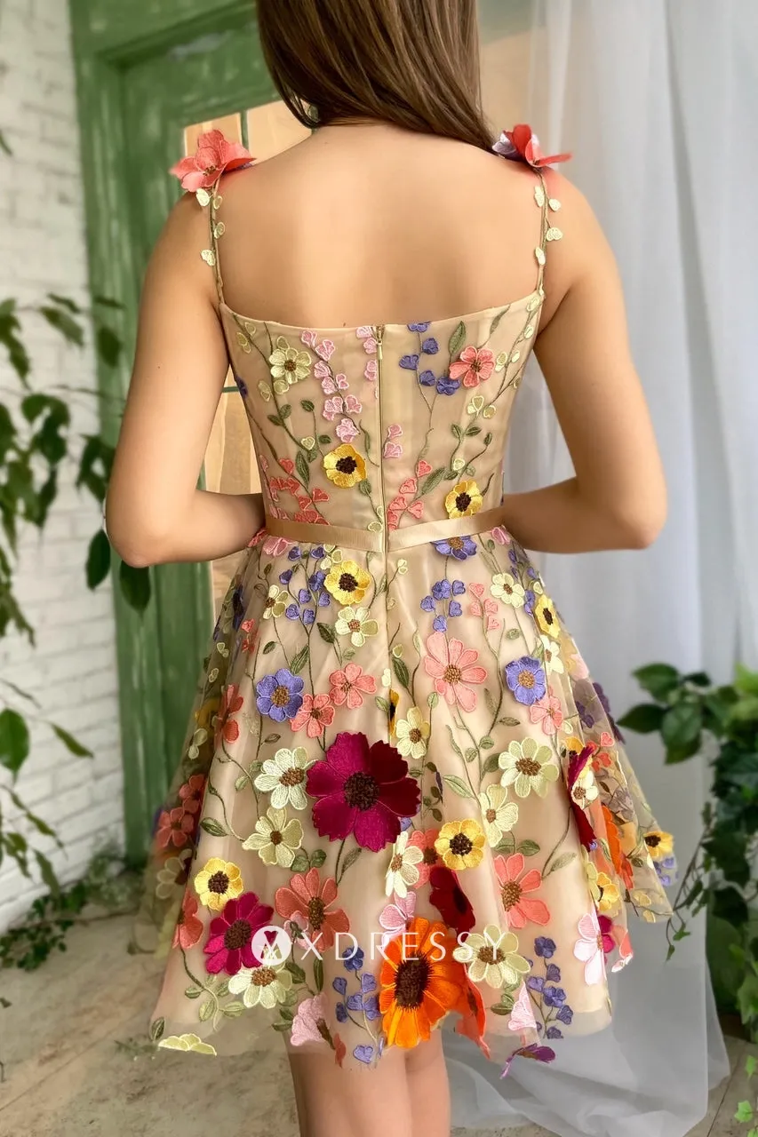 cute flower lace short homecoming dress with straps