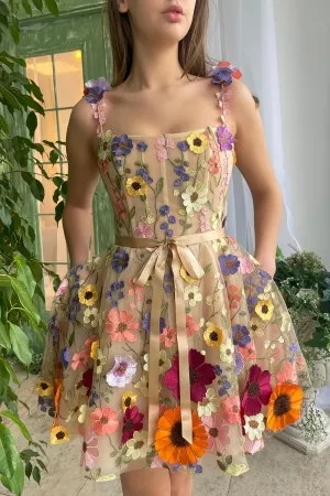 cute flower lace short party dress with straps belt