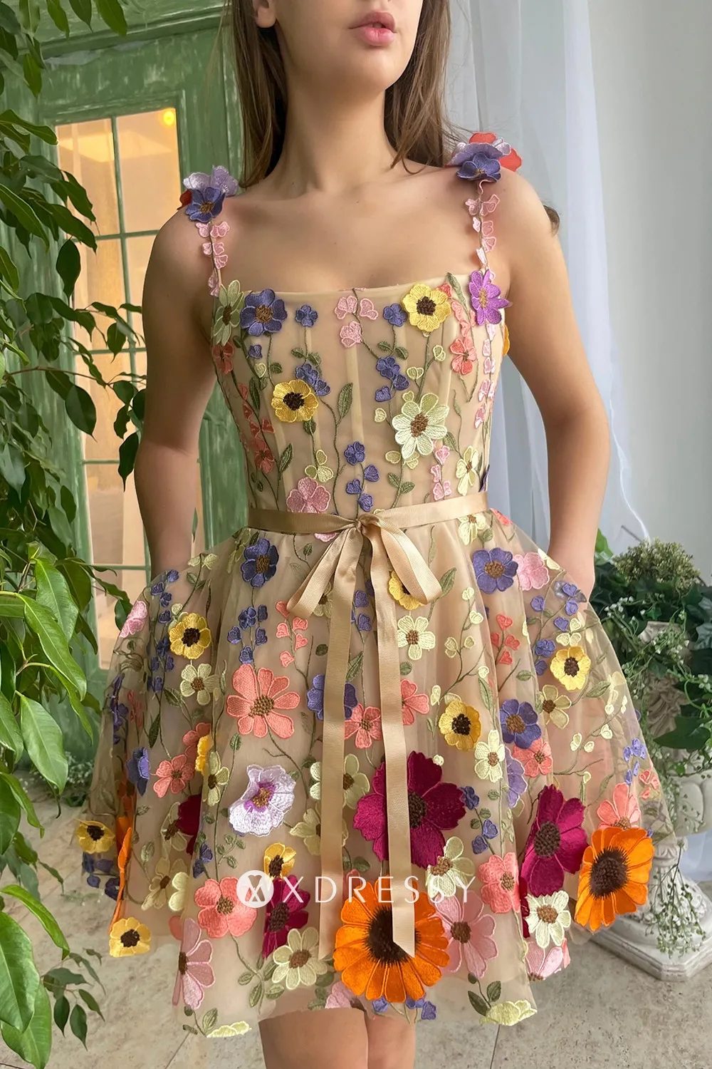 cute flower lace short party dress with straps belt