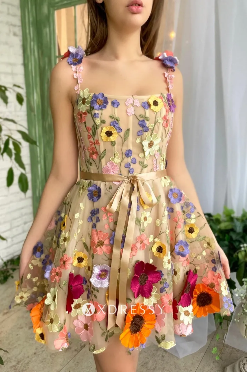 multi color flower lace short party dress with velvet belt