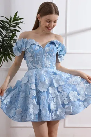 off shoulder sky blue floral lace mini homecoming dress