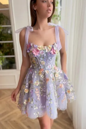 fairy light purple 3d flower tie strap short birthday dress