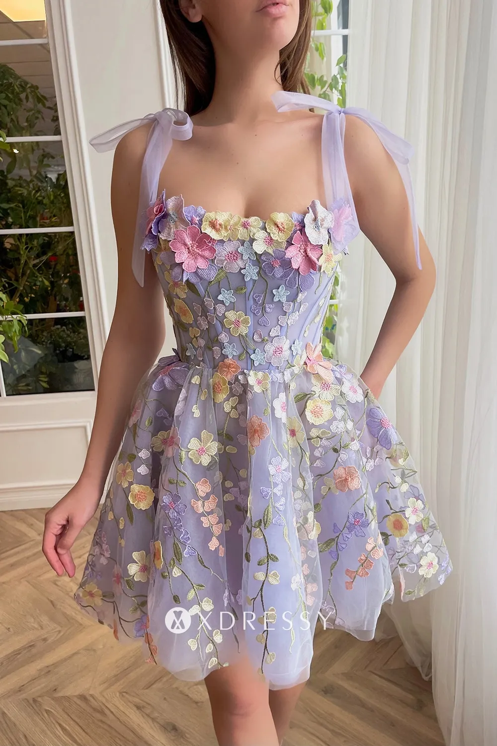 pastel purple flower lace tie strap short party dress pastel purple flower lace tie strap short party dress