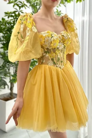 mango yellow 3d floral lace corset homecoming dress