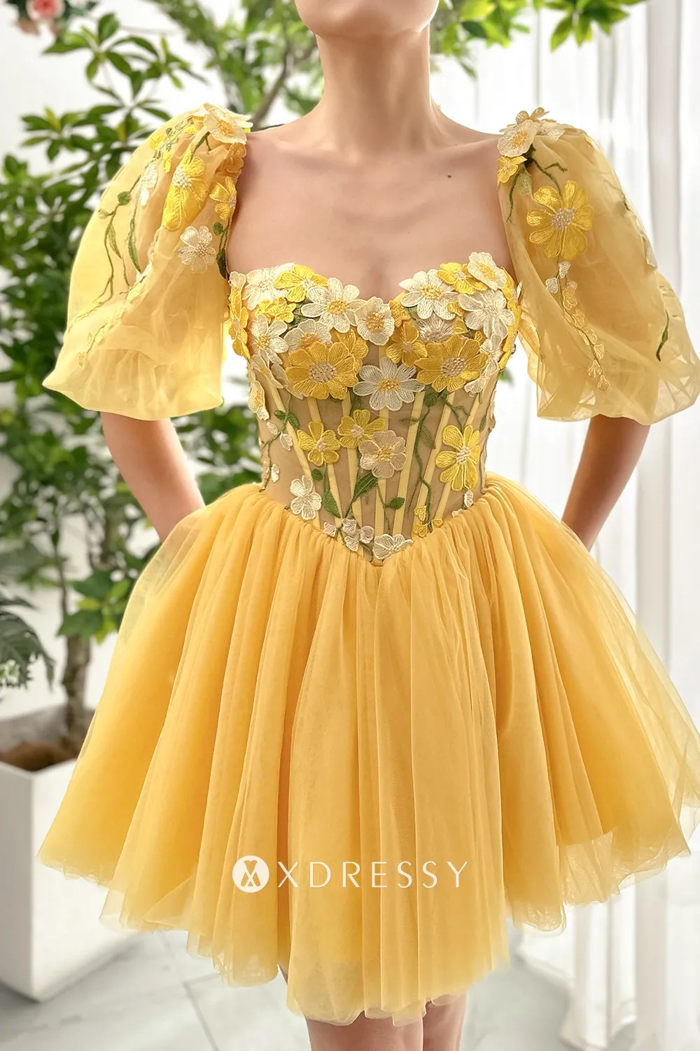 mango yellow 3d flower lace puff sleeve corset party dress mango yellow 3d flower lace puff sleeve corset party dress