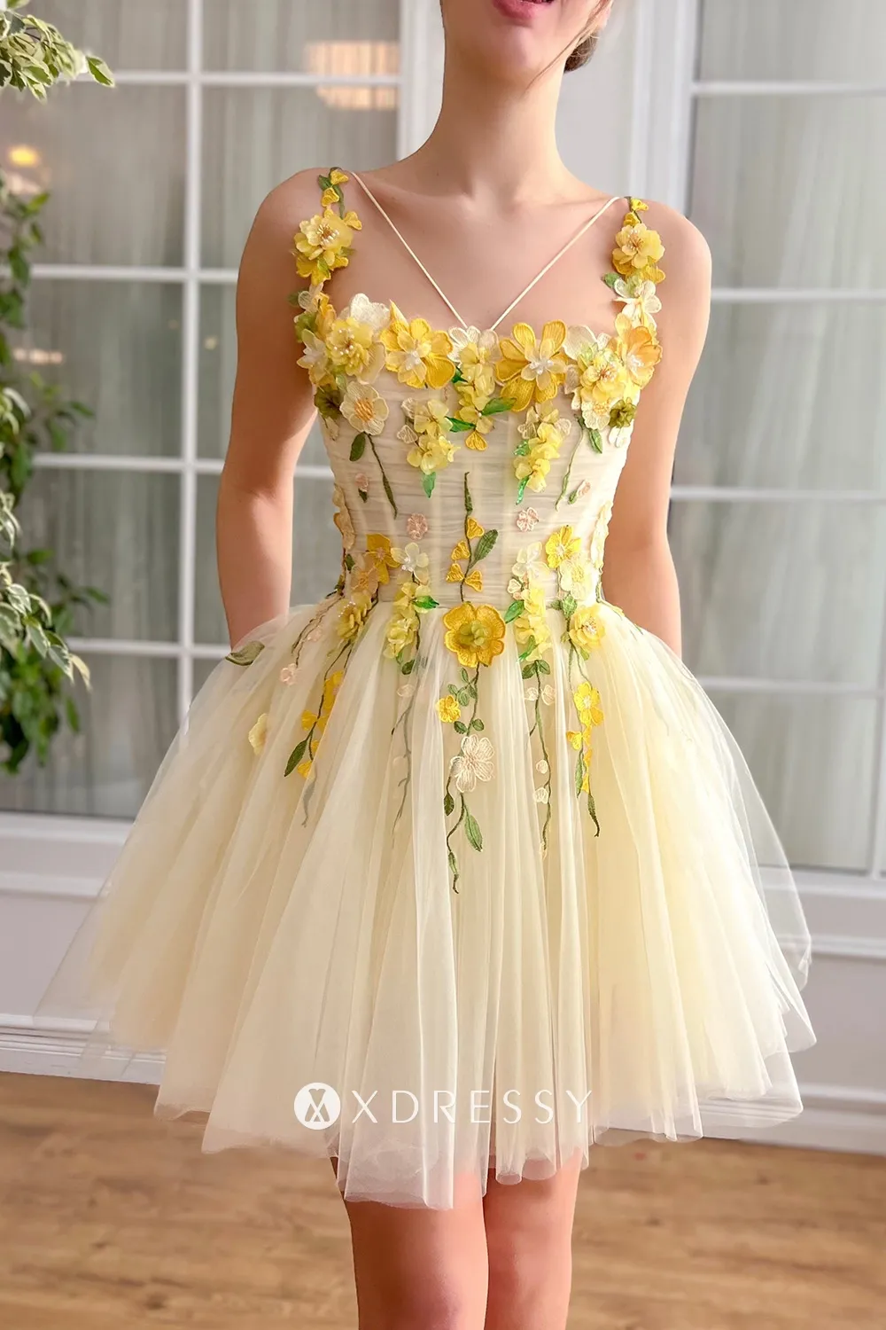 3d floral lace straps light yellow tulle short party dress 3d floral lace straps light yellow tulle short party dress