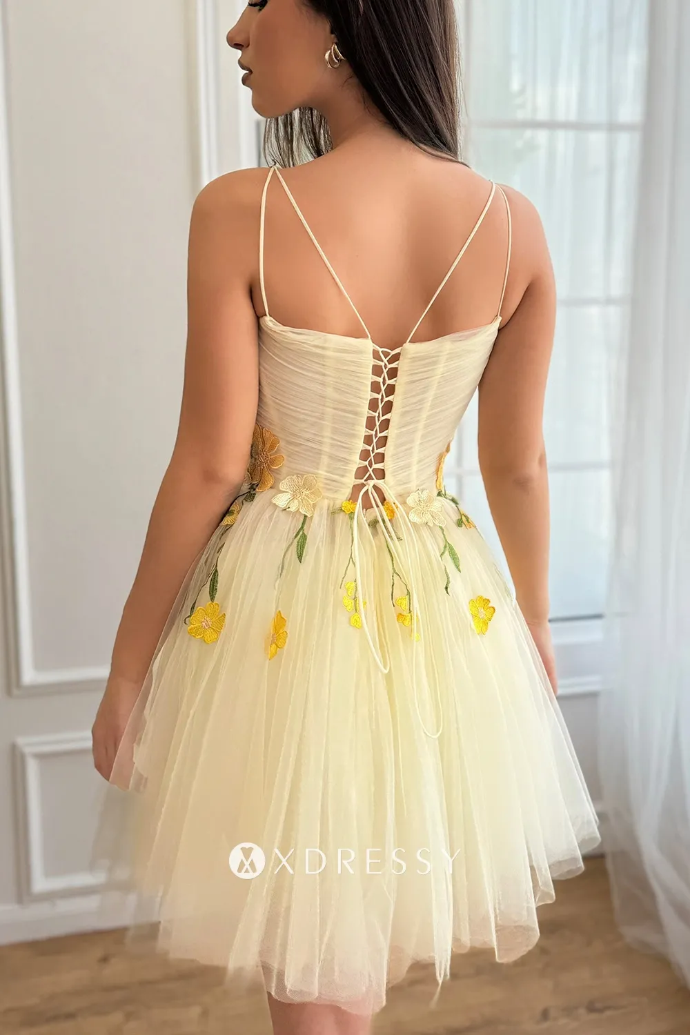 fairy 3d flower strap back light yellow short birthday dress fairy 3d flower strap back light yellow short birthday dress
