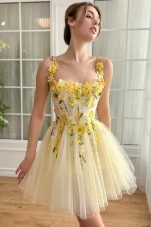 light yellow 3d flower straps short homecoming dress