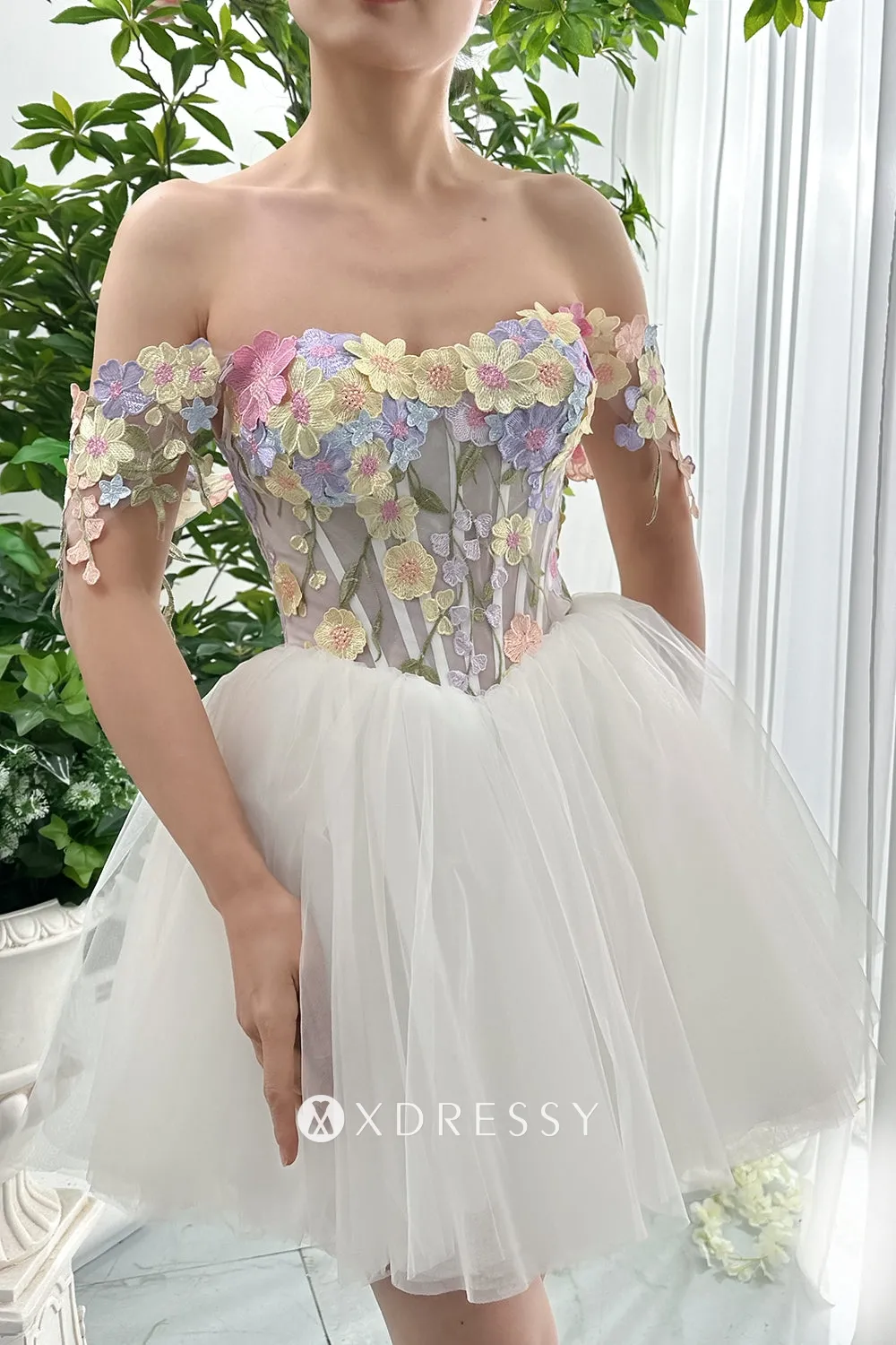 off shoulder corset floral applique short prom dress off shoulder corset floral applique short prom dress