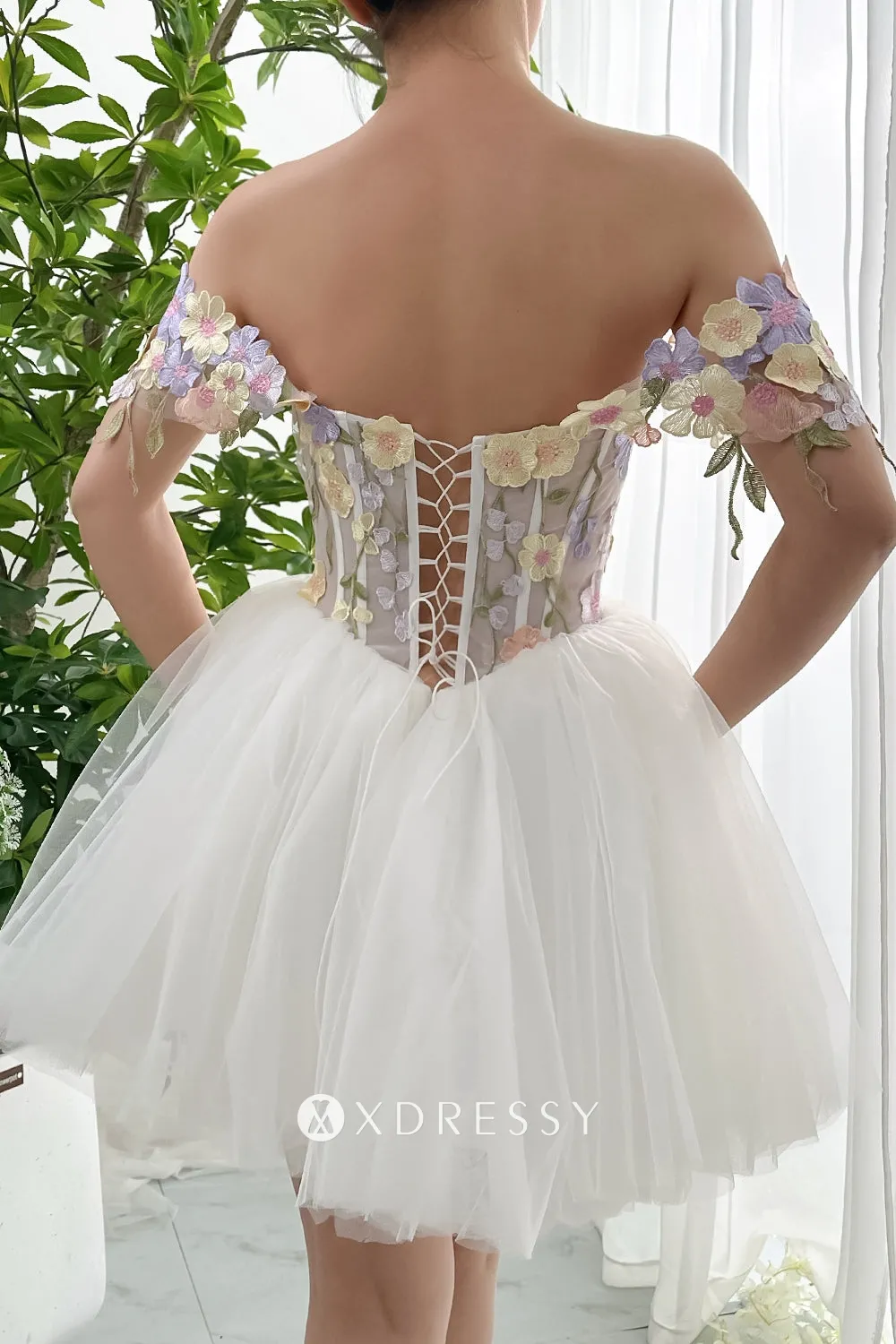 off shoulder strap back floral applique short homecoming dress off shoulder strap back floral applique short homecoming dress