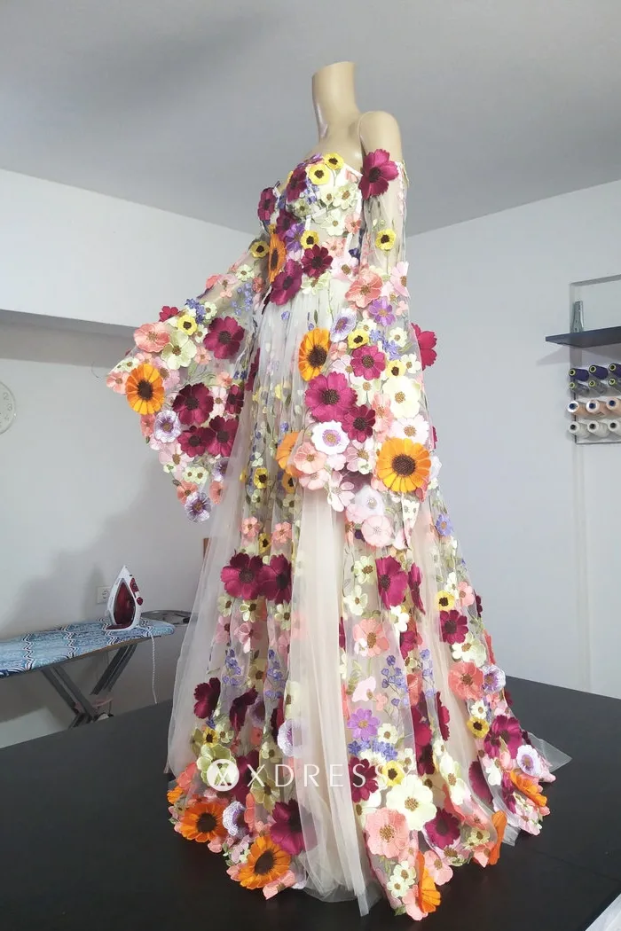 Purple Chiffon One Shoulder Prom Dress Fairy 3D Floral Appliques Sweet 16 Ball Gown cc1587 main image 1