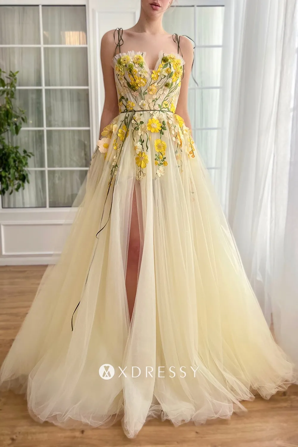 fairy spaghetti straps yellow flower lace slit graduation dress