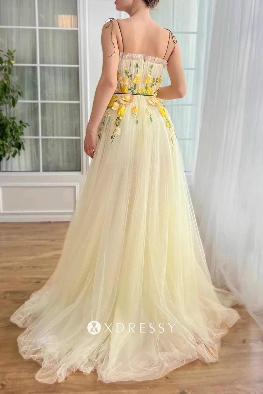 modern yellow flower lace slit party dress