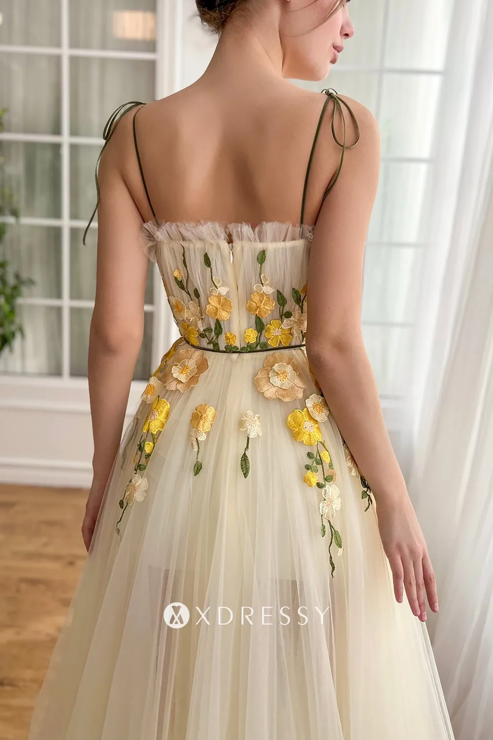 spaghetti straps yellow 3d flower lace dress