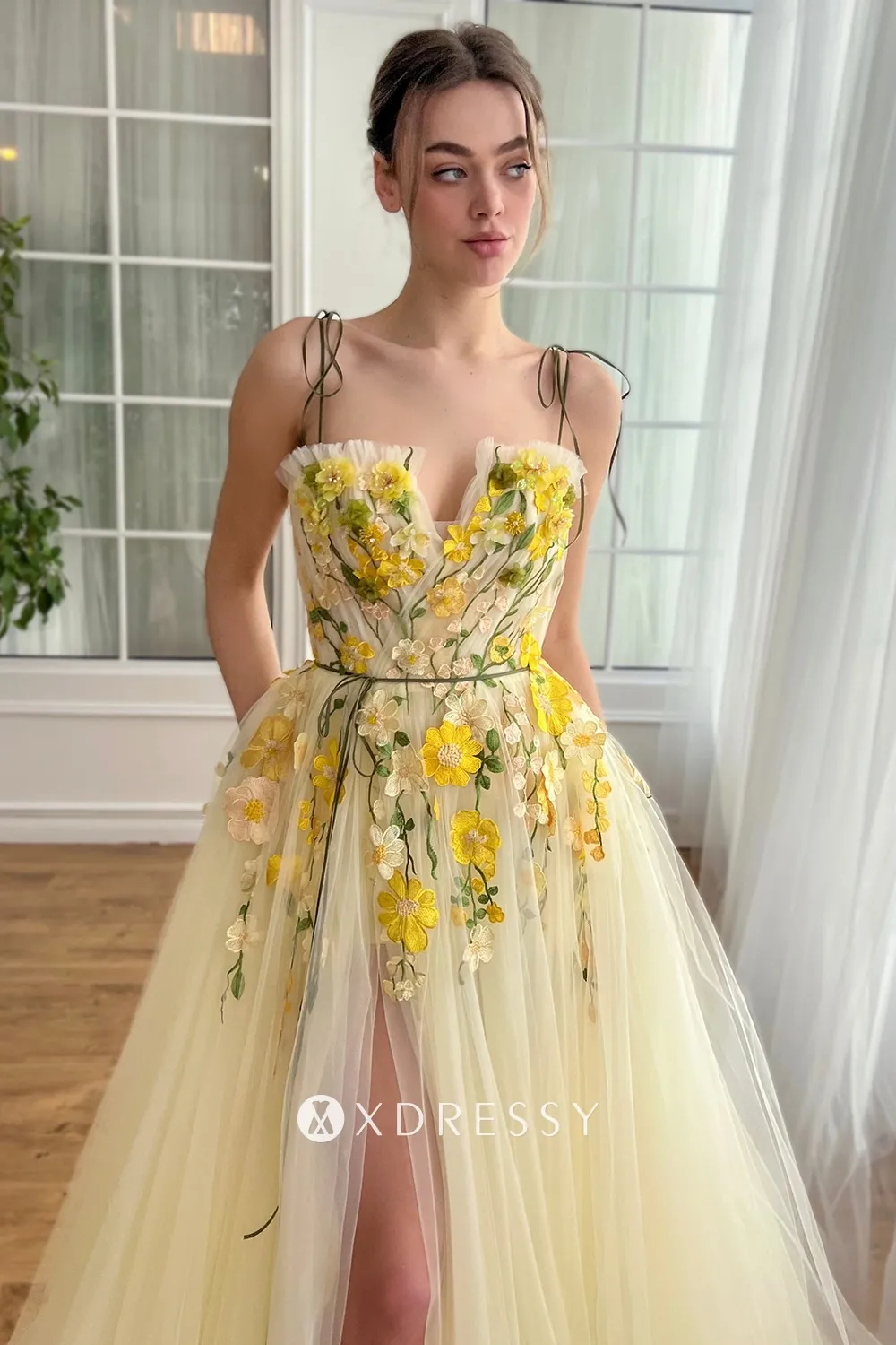 spaghetti straps yellow flower lace slit birthday dress