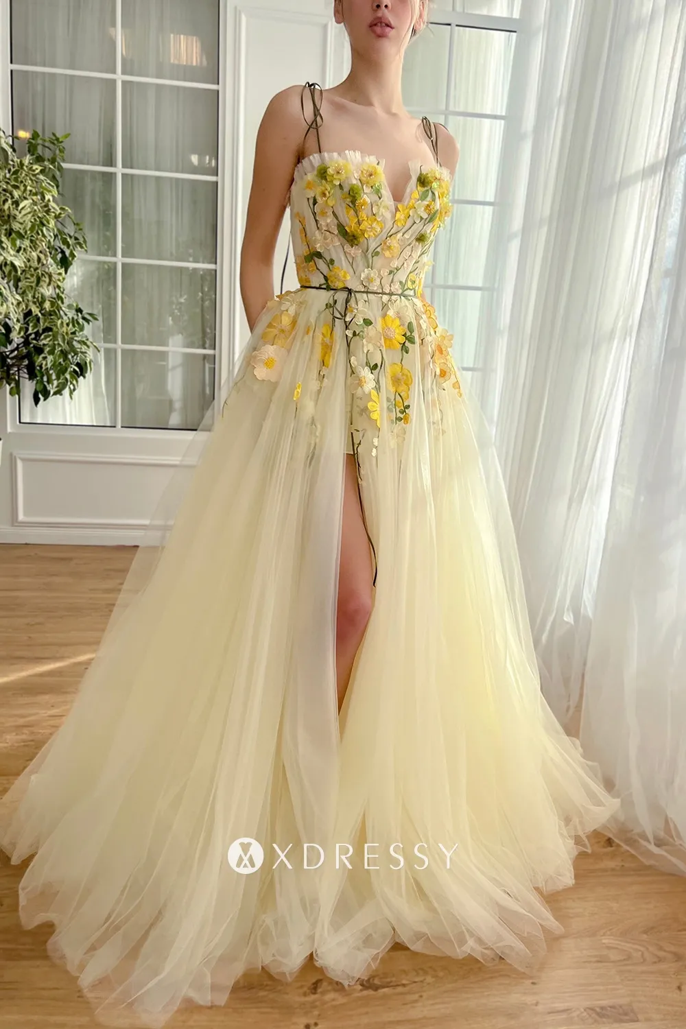 spaghetti straps yellow flower lace slit prom dress