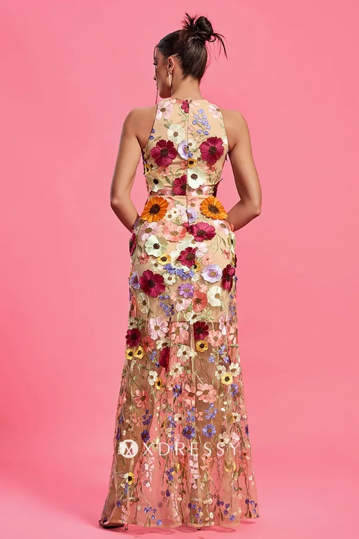 3d floral lace sleeveless sheath sheer sexy party gown