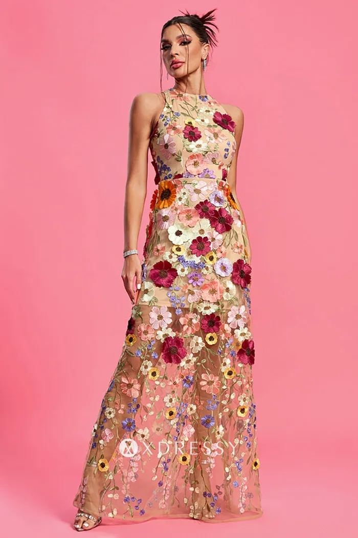 modern multi color floral lace sleeveless sheer prom gown