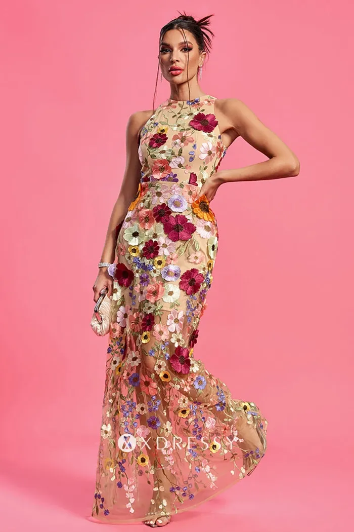 multi color floral lace sleeveless sheer sexy prom gown