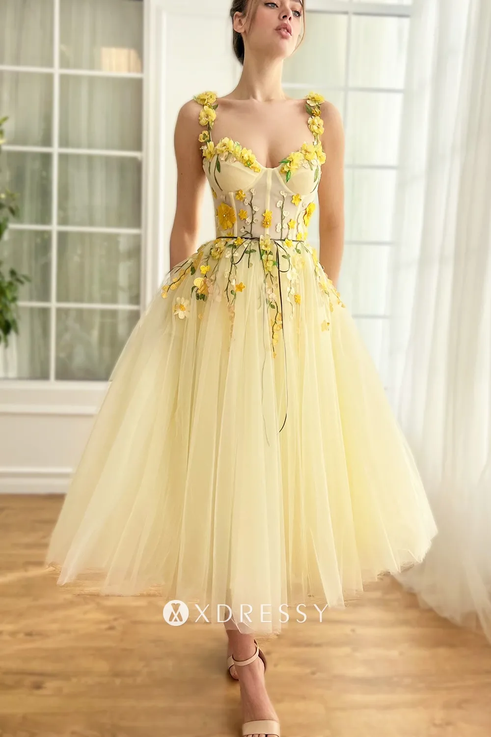 flower strap yellow tulle puffy midi birthday dress flower strap yellow tulle puffy midi birthday dress