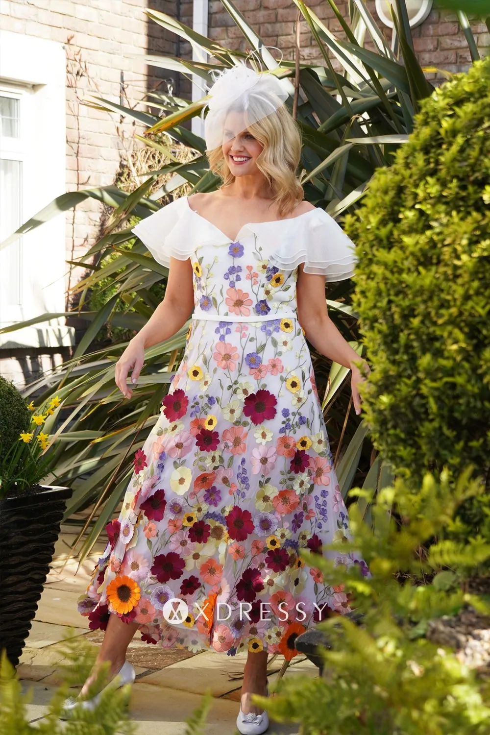 off the shoulder multi color 3d floral lace midi fairy evening dress