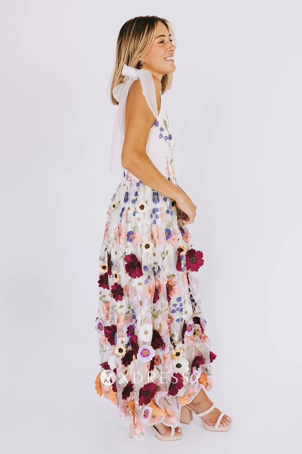multi color 3d lace midi prom dress with bow tie multi color 3d lace midi prom dress with bow tie
