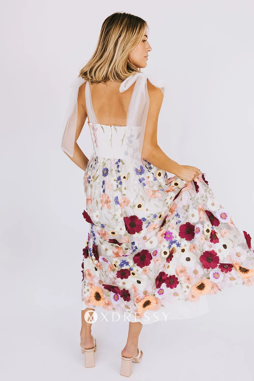 multi color 3d lace tie shoulder midi graduation dress multi color 3d lace tie shoulder midi graduation dress