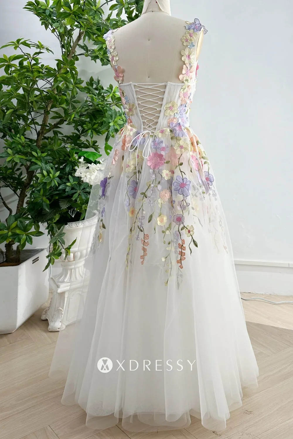 fairy flower lace sweetheart corset ivory prom dress