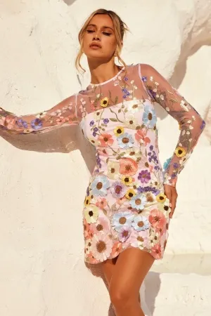 illusion long sleeve 3d lace bodycon mini party dress
