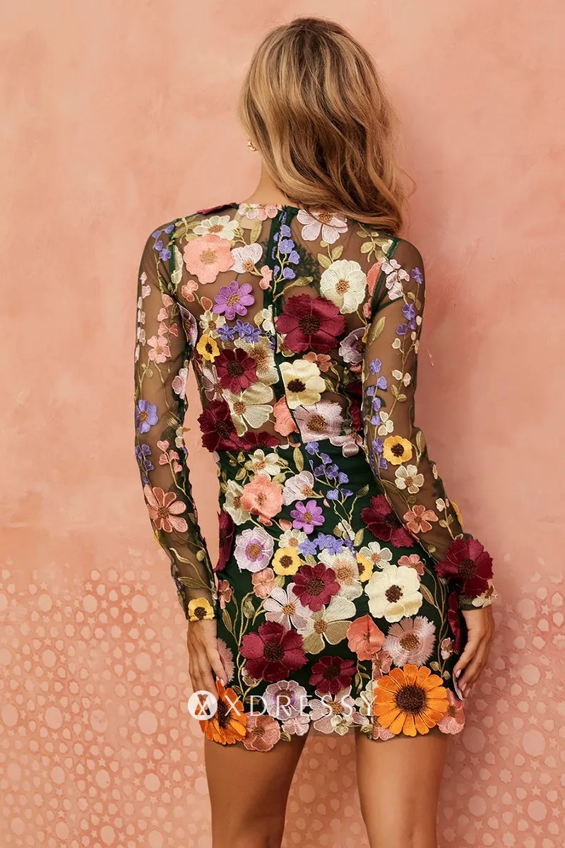 multi color floral lace sheer long sleeve mini cocktail dress