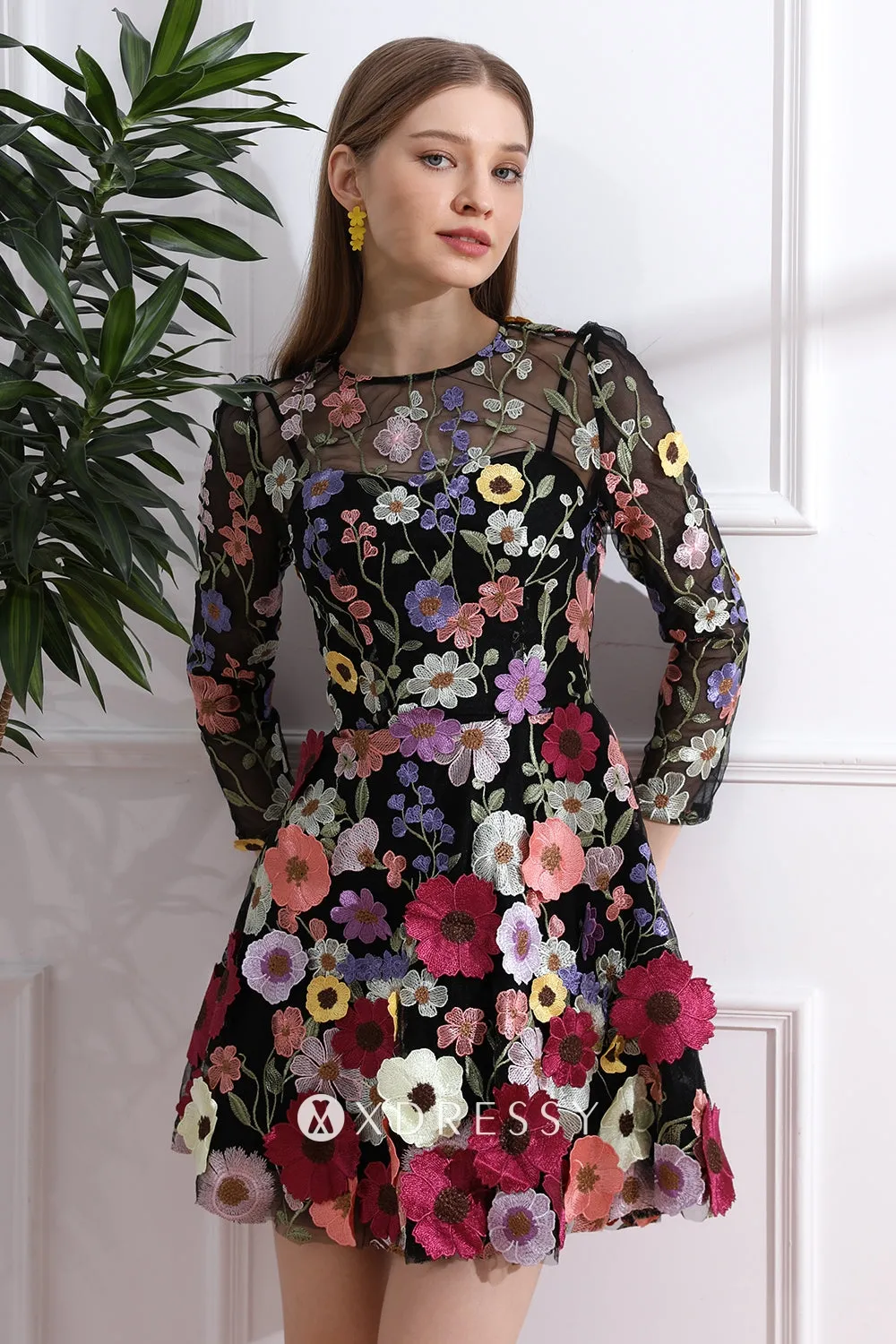 3d lace illusion sleeve black short cocktail gown 3d lace illusion sleeve black short cocktail gown