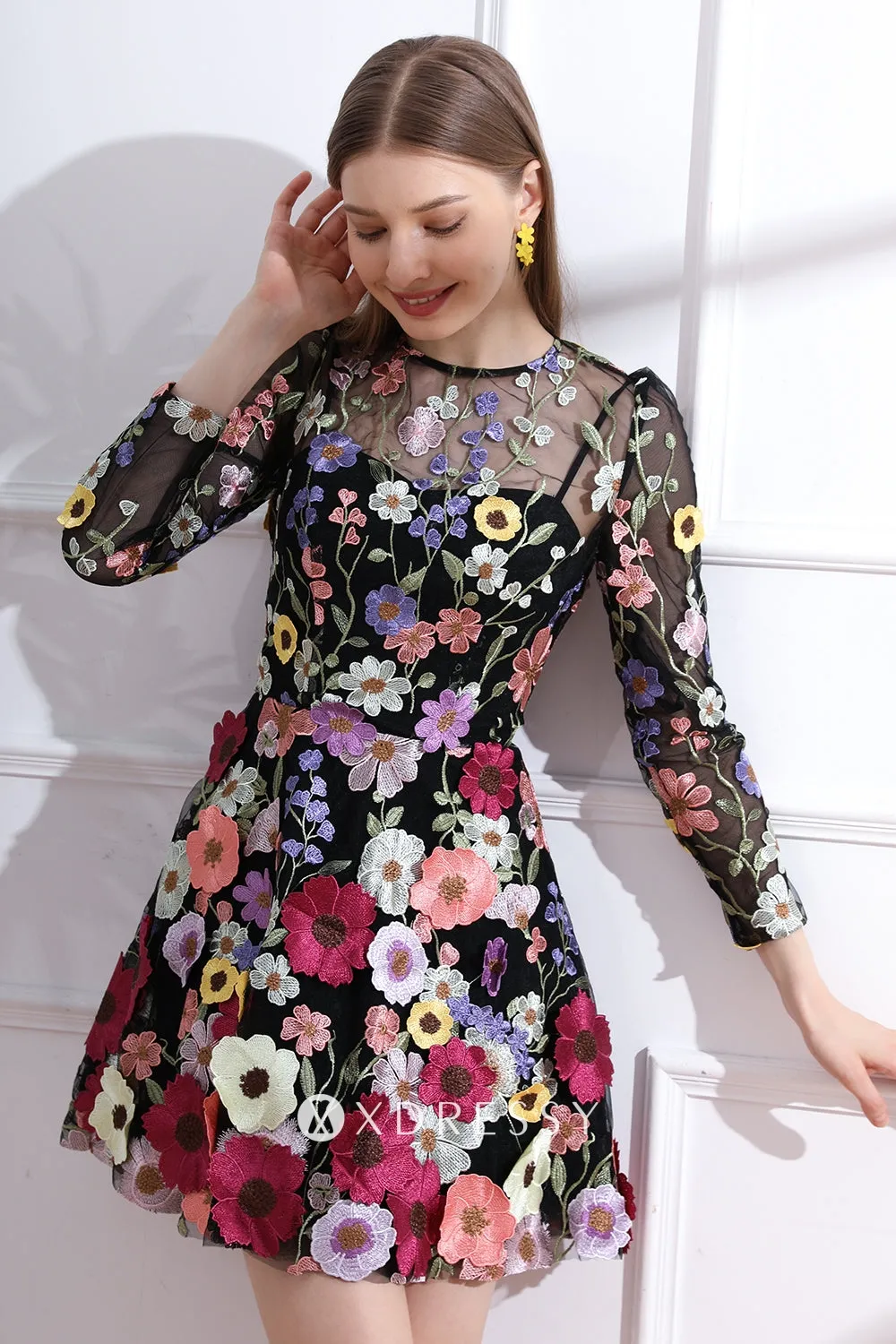 moern multi color 3d lace illusion sleeve short party gown moern multi color 3d lace illusion sleeve short party gown
