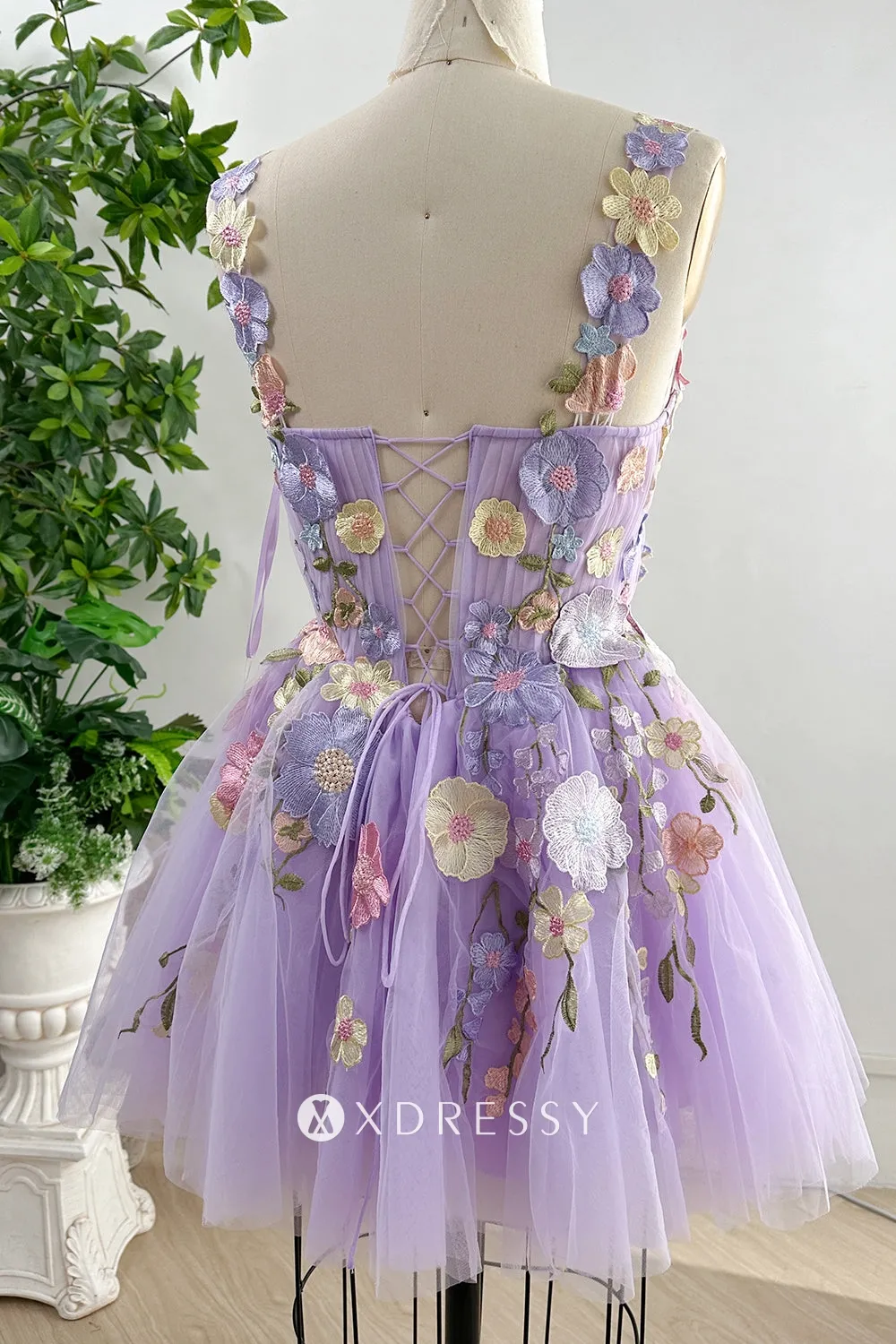 wisteria flower lace corset back short homecoming dress
