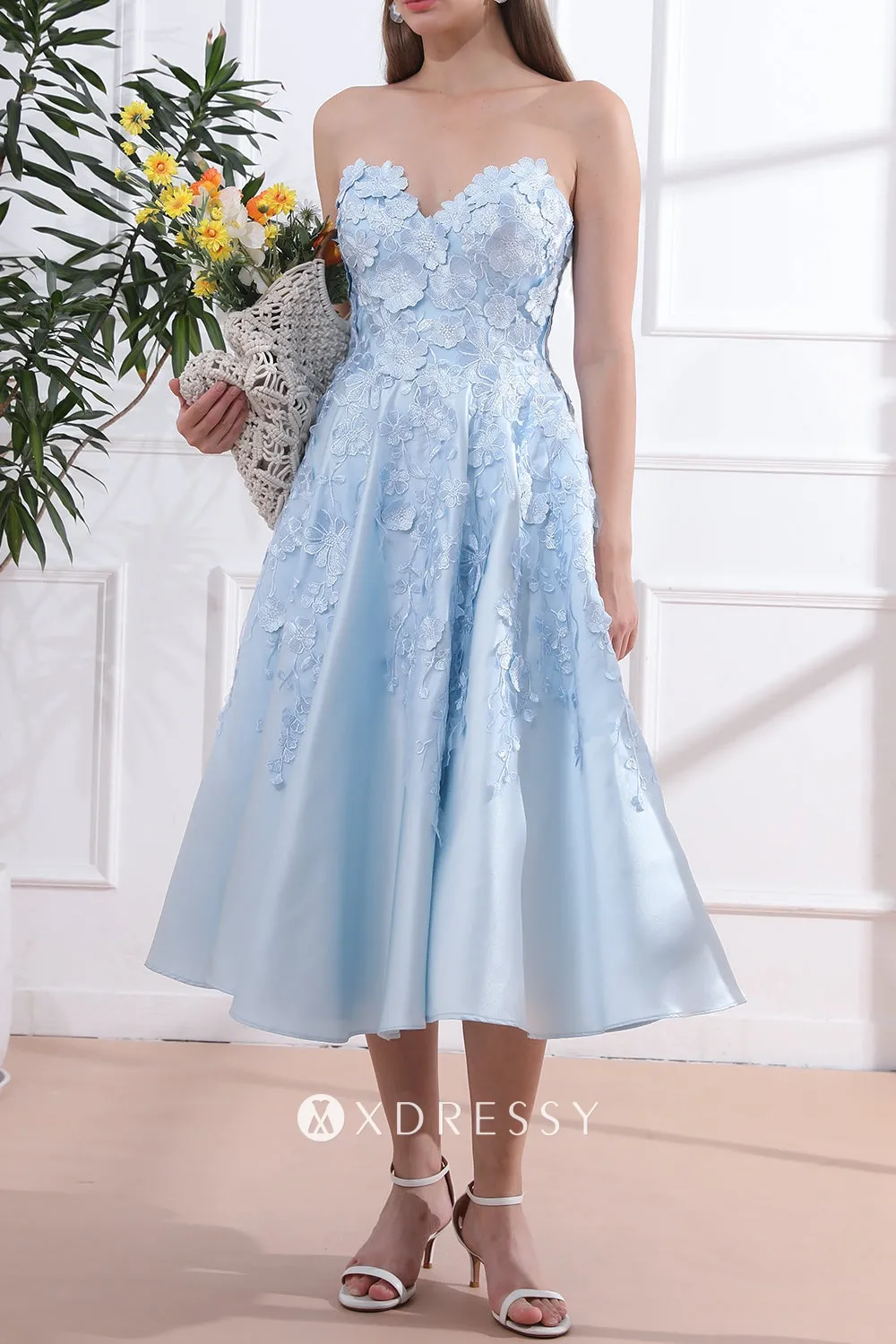 modern sky blue 3d lace satin strapless tea length party dress modern sky blue 3d lace satin strapless tea length party dress