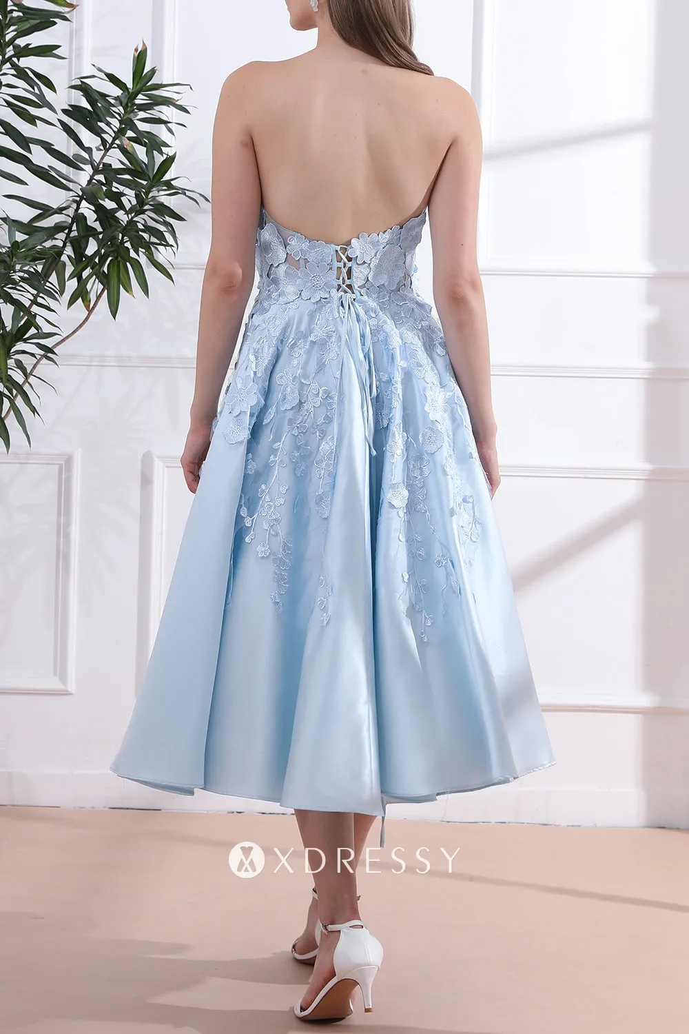 sky blue 3d lace satin strapless low back midi party dress sky blue 3d lace satin strapless low back midi party dress