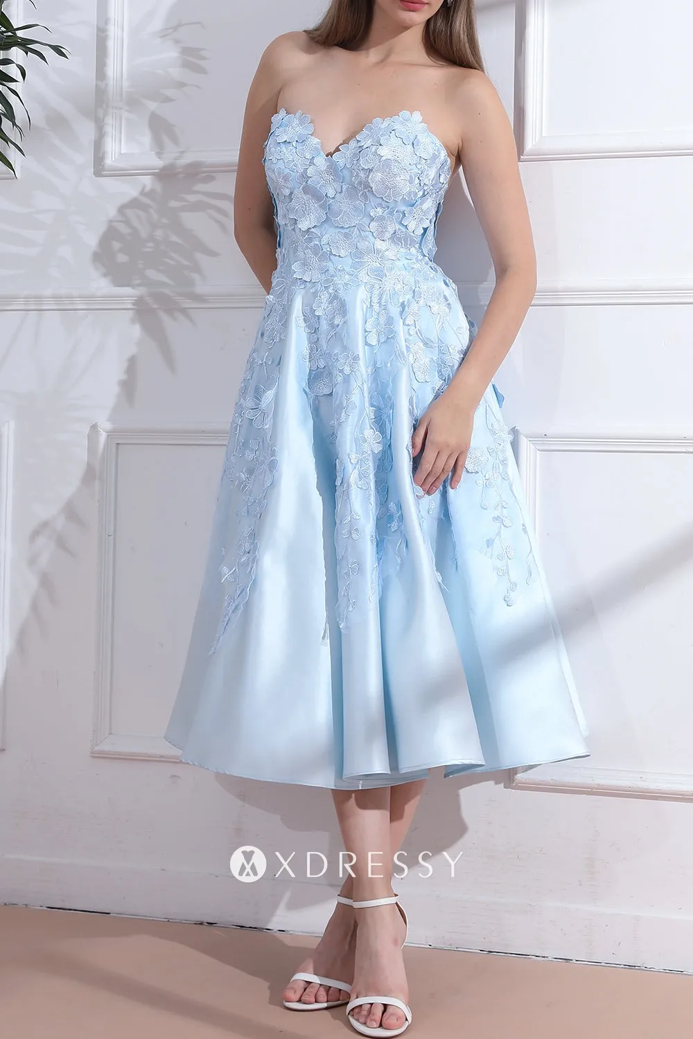 sky blue 3d lace satin strapless tea length party dress sky blue 3d lace satin strapless tea length party dress