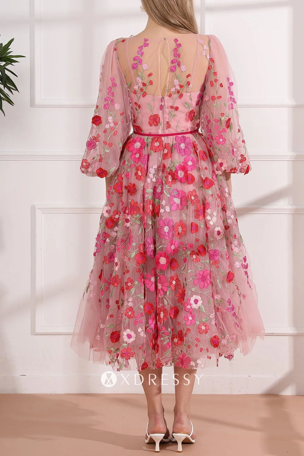 hot pink 3d lace illusion back puffy midi graduation dress hot pink 3d lace illusion back puffy midi graduation dress