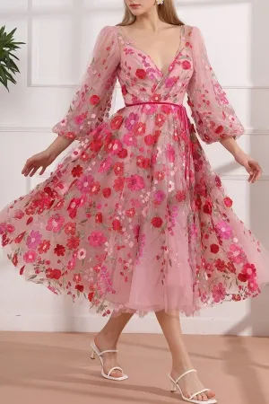 hot pink 3d lace v neck puff sleeve midi birthday dress
