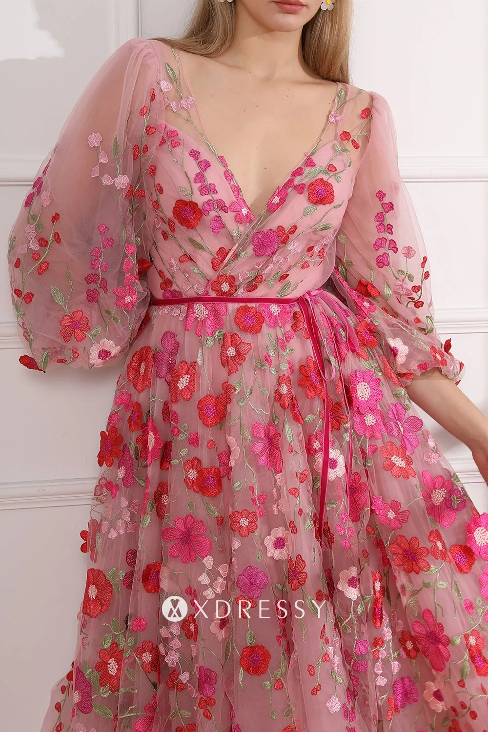 hot pink 3d lace v neck puff sleeve prom dress hot pink 3d lace v neck puff sleeve prom dress