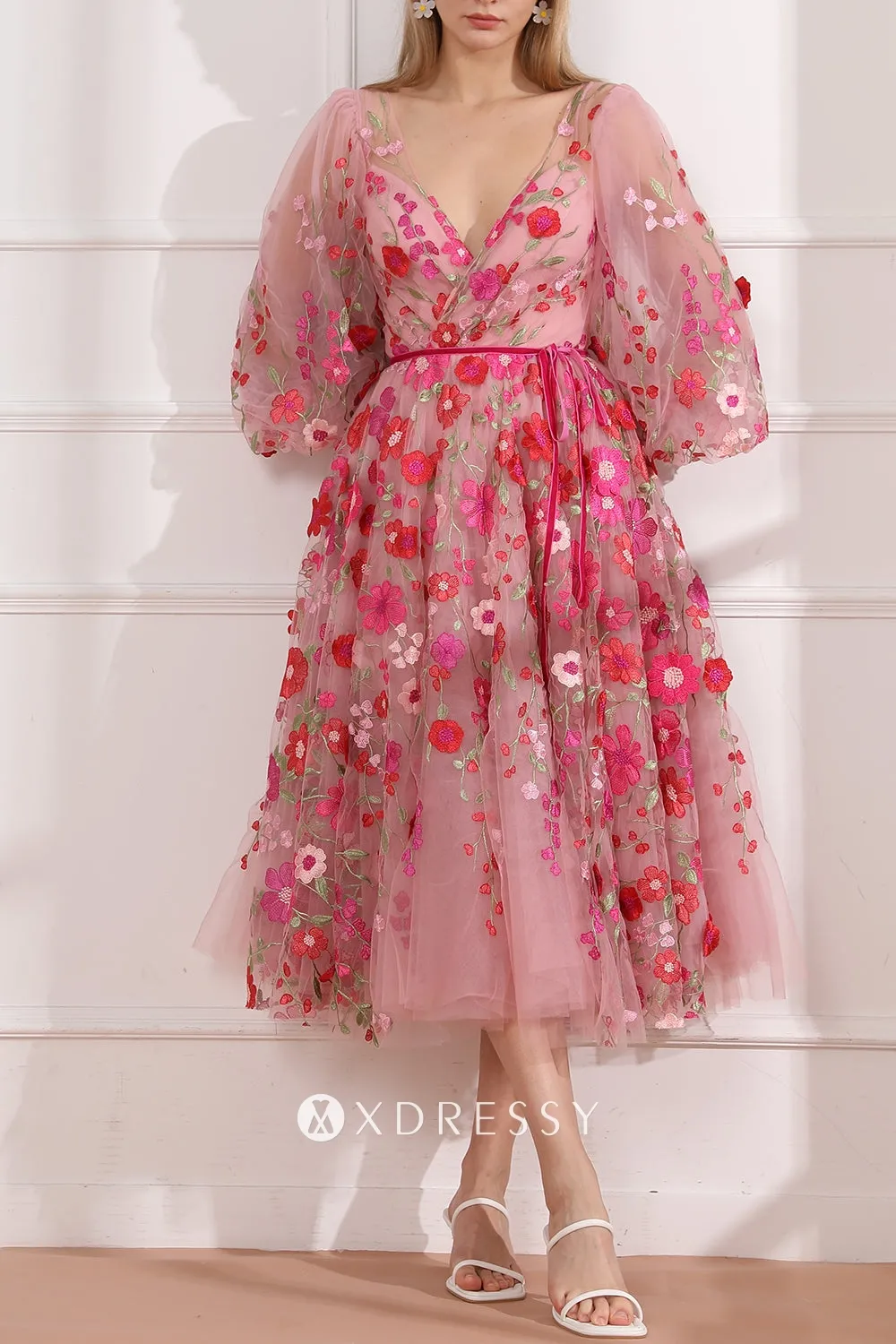 hot pink 3d lace v neck puff sleeve teal length prom dress hot pink 3d lace v neck puff sleeve teal length prom dress