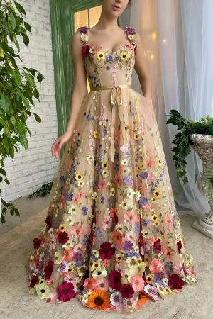 multi color flroal 3d lace straps corset birthday dress
