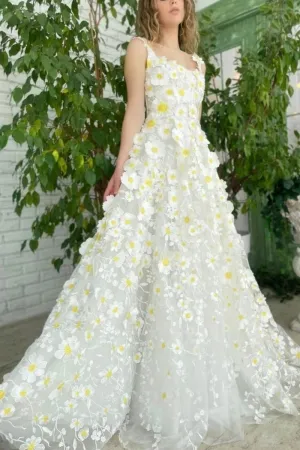 fairy white yellow 3d lace scoop neck engagement dress